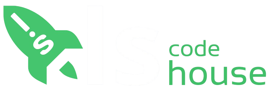 Logo da LS Code House com foguete verde, criado para representar soluções em bubble.io