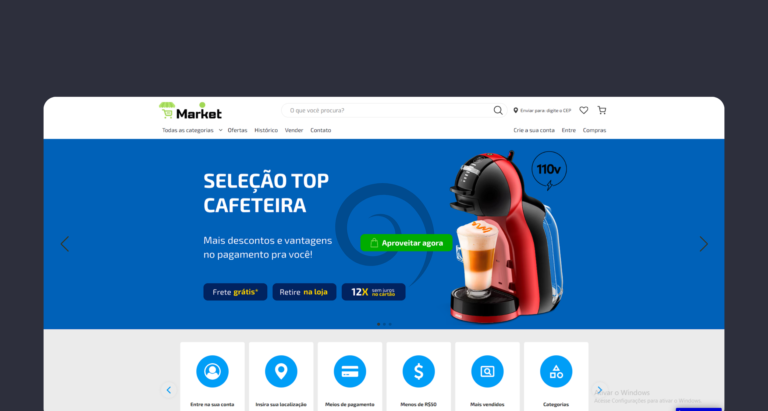 Página inicial criada com bubble.io destacando produtos em promoção e categorias de navegação