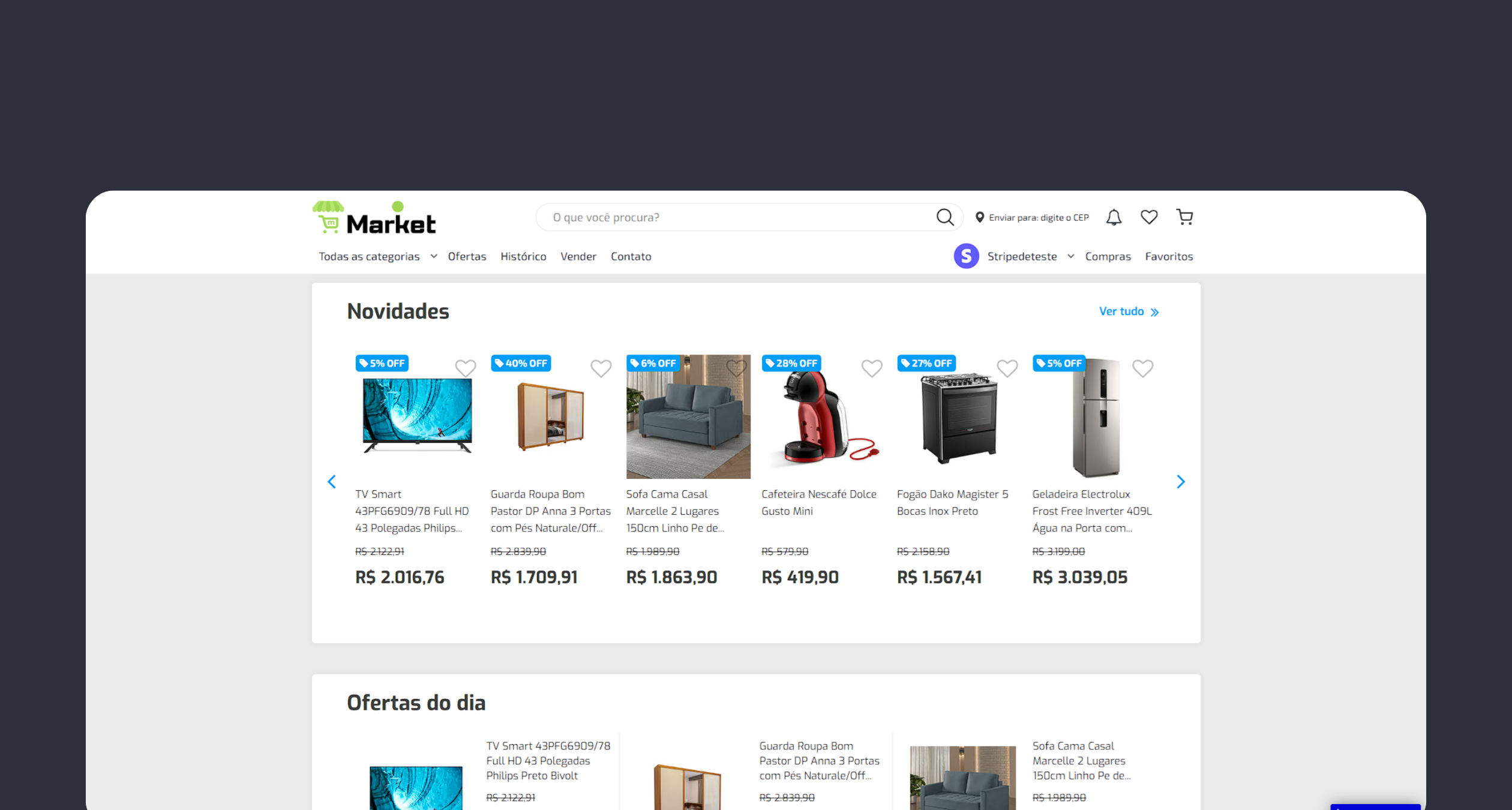 Página inicial criada com bubble.io destacando produtos, novidades e ofertas em destaque