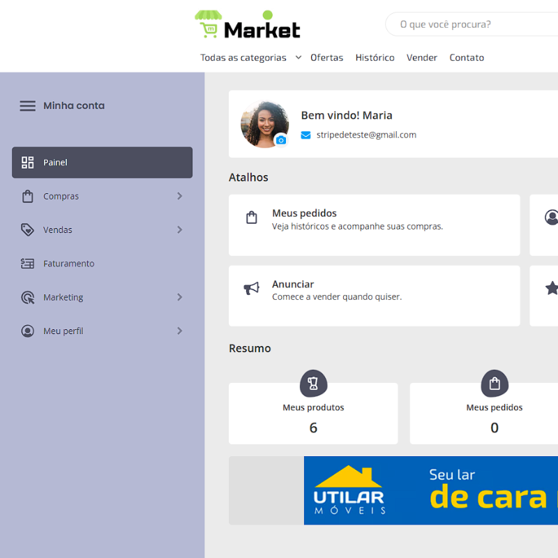 Resumo do painel do usuário desenvolvido com bubble.io exibindo pedidos, produtos, favoritos e mensagens