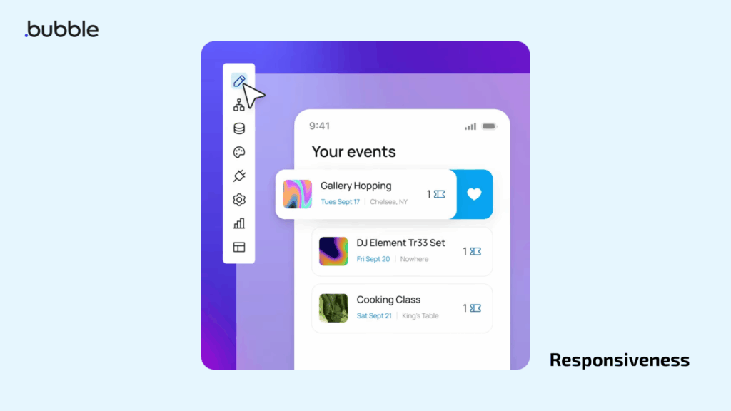 Tela inicial do Bubble.io em 2026 com opções para começar um projeto no-code web ou mobile