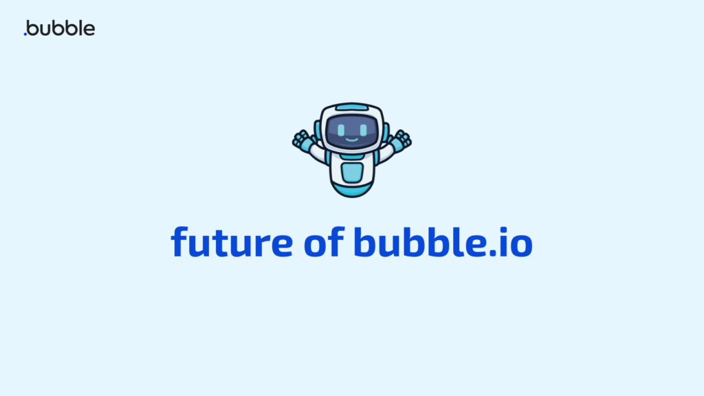 Ilustração futurista com robô representando o futuro do Bubble.io e da tecnologia no-code em 2026