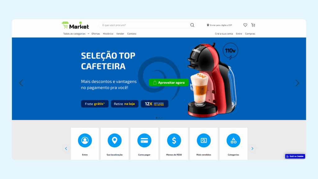 Template Market estilo Mercado Livre criado com bubble.io para e-commerce no-code em 2026