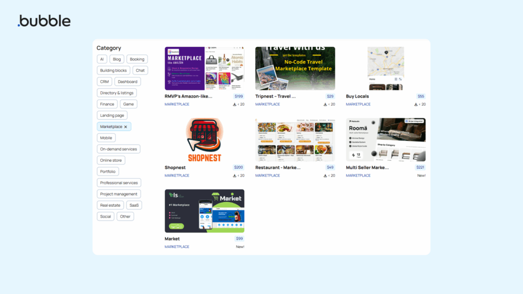 Marketplace de plugins e templates do Bubble.io em 2026 com categorias para apps no-code