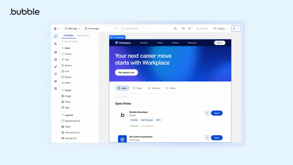 Interface do Bubble.io destacando as novidades da plataforma no-code em 2026 para criação de apps