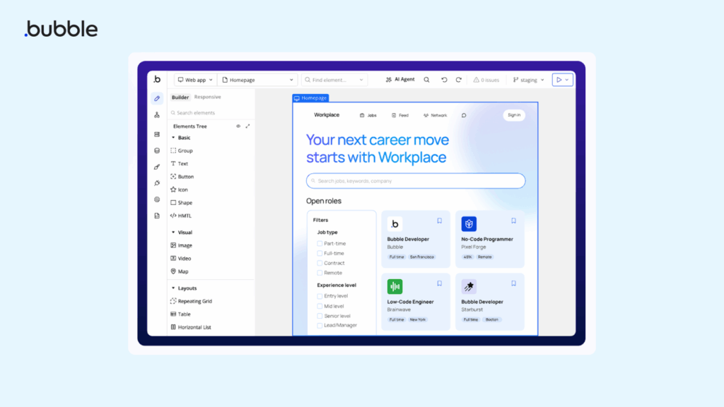 Novo editor visual do Bubble.io em 2026 com interface aprimorada para desenvolvimento no-code de aplicações web e mobile