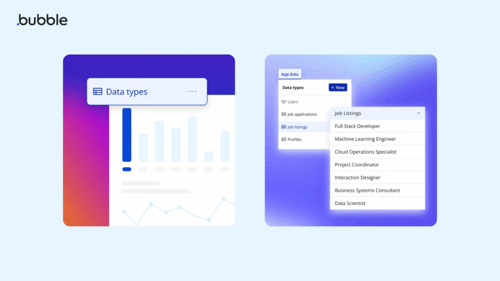 Painel de dados do Bubble.io em 2026 destacando recursos de segurança e gestão no-code